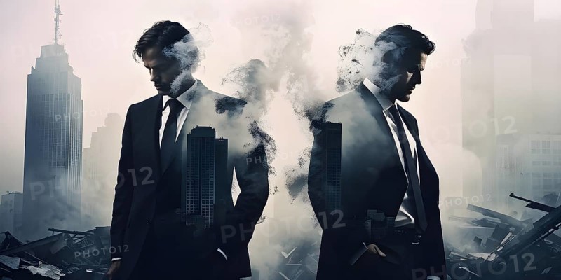 Silhouette of two businessman against a backdrop double exposure that reveals a destroyed cityscape, AI generated