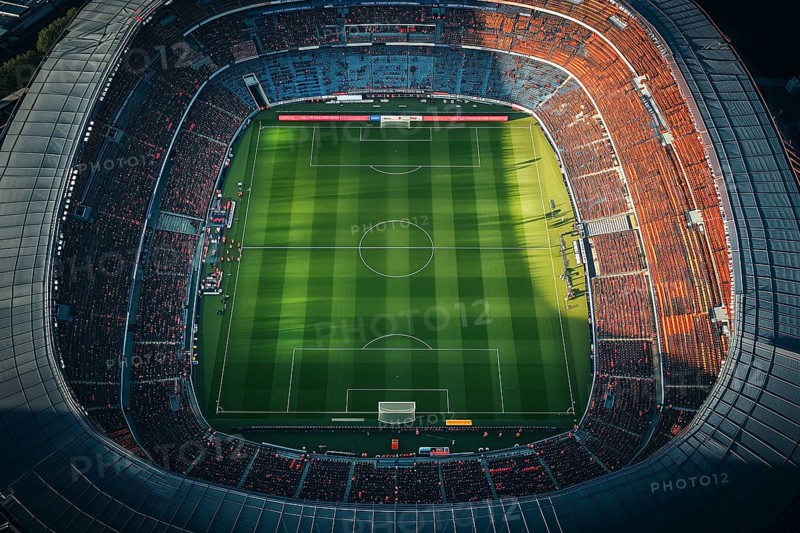 Aerial bird eye top view of a soccer football field stadium, AI generated