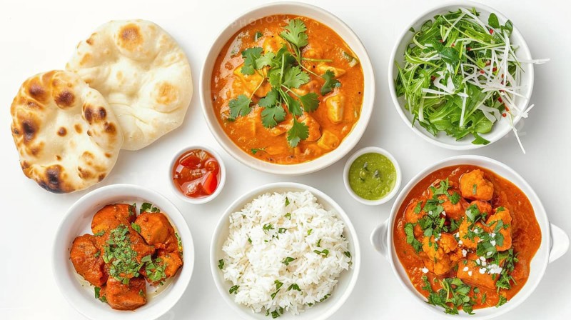 A well-arranged Indian meal featuring curry, naan, rice and condiments, garnished with herbs, AI generated