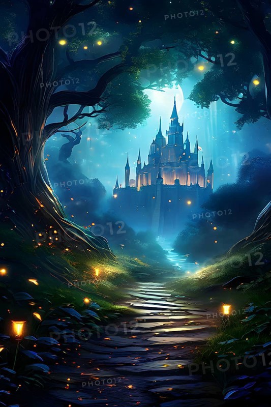 AI generated enchanted forest illustration intertwining trees aglow with magical light