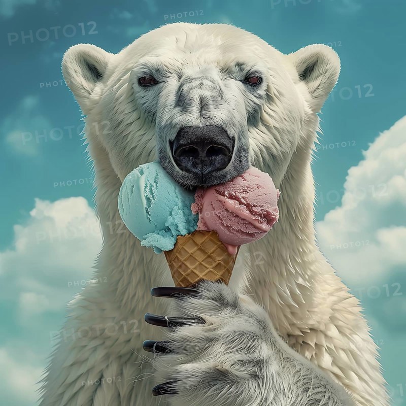 A polar bear holds two ice cream scoops and stands in front of a cloudy sky, symbolic image on the subject of climate change, climate catastrophe, climate protection, AI generated