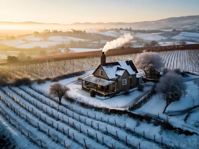Aerial view of rustic vineyard cottage in a winter vineyard landscape with snow, AI generated