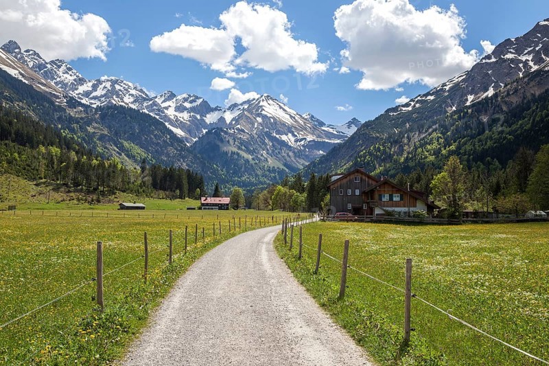 Path in Stillachtal, behind mountains of the Allgaeu Alps, Birgsau, near Oberstdorf, Oberallgaeu, Allgaeu, Bavaria, Germany, Europe