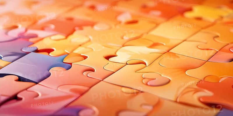 Illustration of scattered orange puzzle pieces sprawled across as a wallpaper background, AI generated