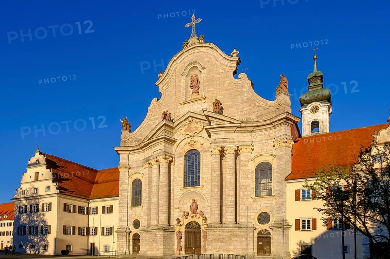 West facade, Zwiefalten Abbey, Zwiefalten Minster, Swabian Alb, Dobel Valley, Upper Swabia, Swabia, Baden-Wuerttemberg, Germany, Europe