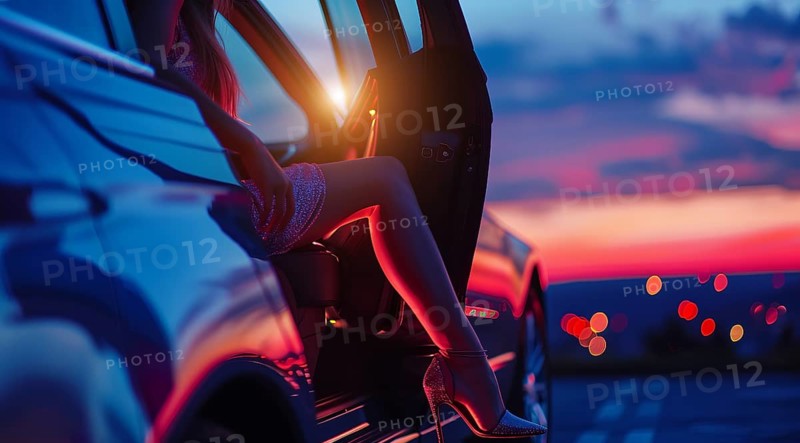 Beautiful woman is sitting in a luxury car with her legs out. Celebrity party and glamour lifestyle, AI generated