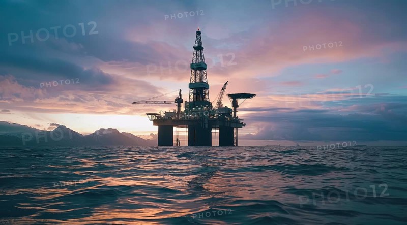 Offshore oil rig anchored platforms drilling for oil in ocean floor, AI generated