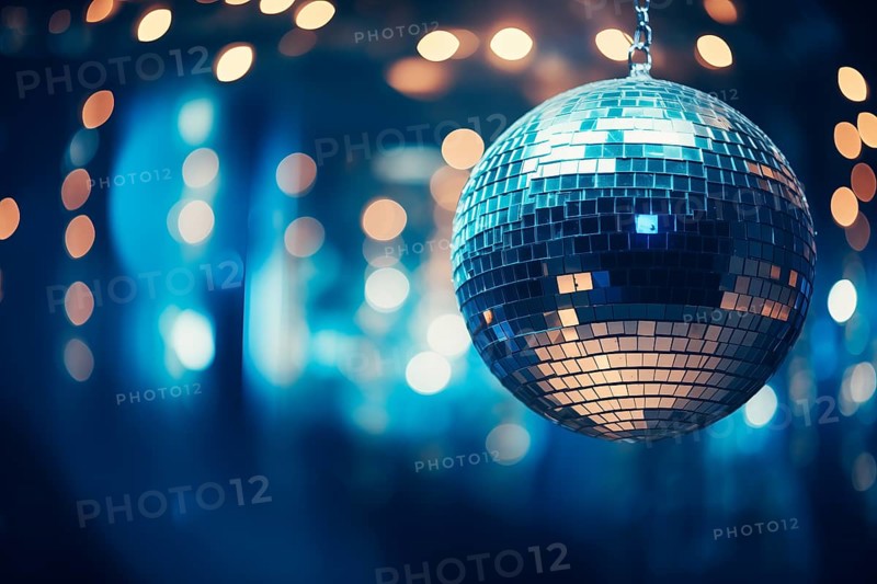 A disco ball is suspended from the ceiling at party, reflecting the lights and creating a festive atmosphere, AI generated