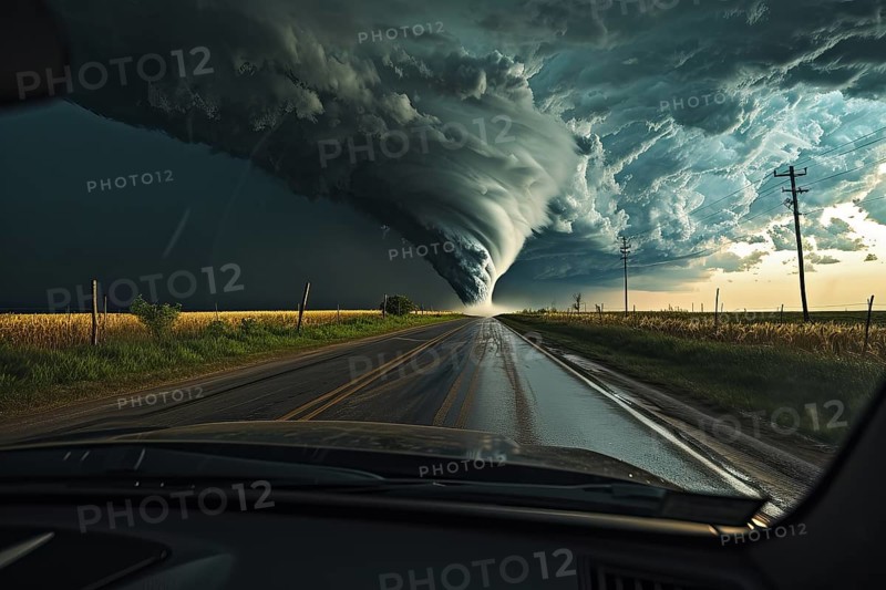 Disaster catastrophe storm concept, tornado in a field in the USA with car on road driving towards the storm visible through windshield, AI generated