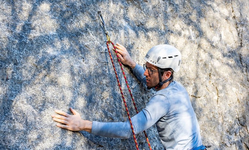 Sport climbing with rope, climber on a rock face, Frauenwasserl climbing garden, Ammergau Alps, Bavaria, Germany, Europe