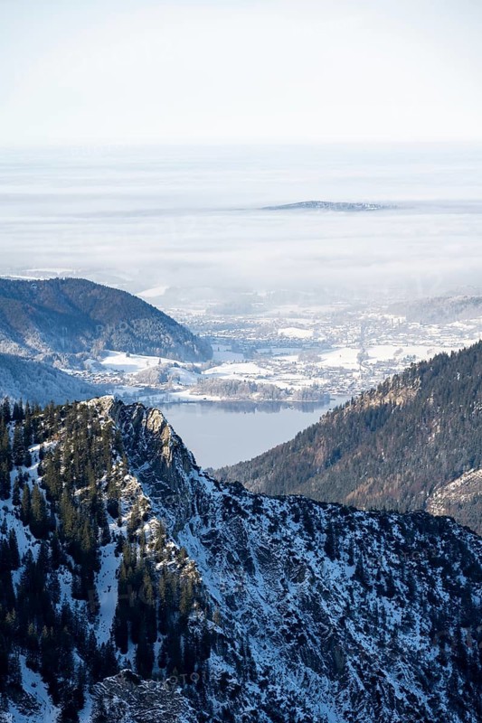 View of Schliersee and the foothills of the Alps in winter with snow, Mangfall mountains, Bavarian Alps, Bavaria, Tyrol, Germany, Europe