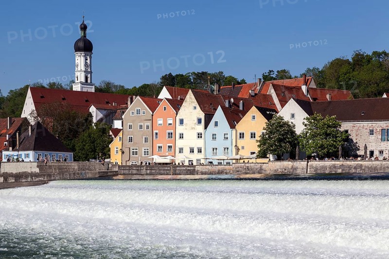 Historic old town centre of Landsberg am Lech, in front of the Lech weir, Upper Bavaria, Bavaria, Germany, Europe