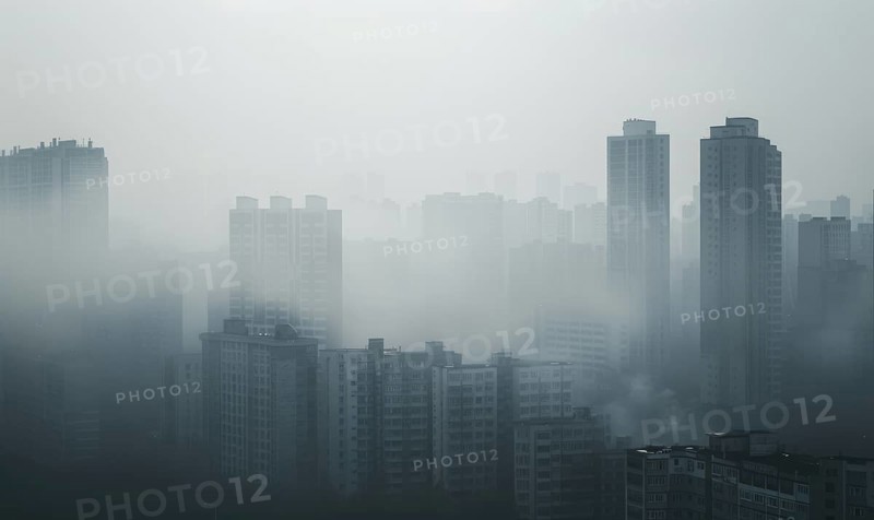 Urban landscape shrouded in smog with tall buildings barely visible AI generated