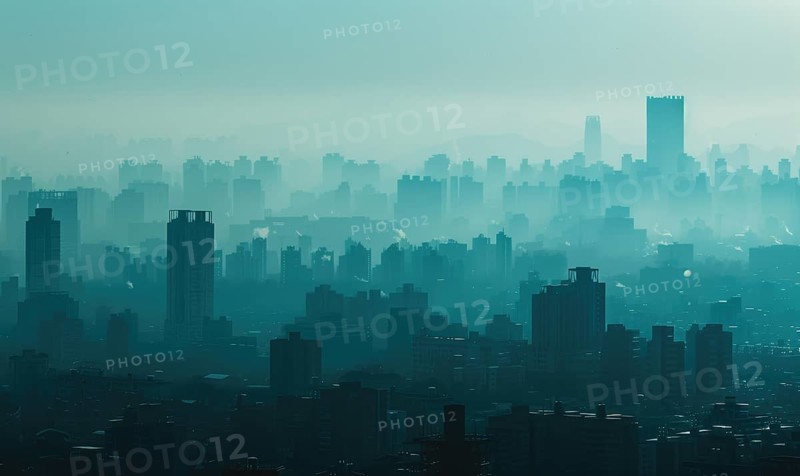 A city skyline obscured by thick smog, Industrial AI generated