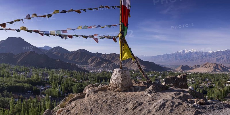 Panorama over Leh and the Namgyal Tsemo Gompa monastery on Tsenmo Hill, a viewpoint over Leh, Ladakh, Jammu and Kashmir, India, Asia