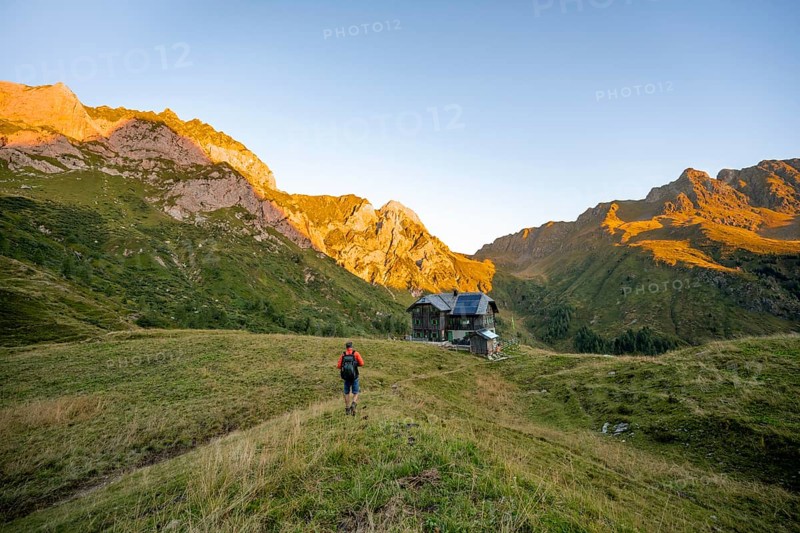 Mountaineers on the way to the Alpine Club hut, Hochweisssteinhaus mountain hut, mountain landscape with green mountain meadows and rocky peaks at sunrise, alpenglow, Carnic High Trail, Carnic Main Ridge, Carnic Alps, Carinthia, Austria, Europe
