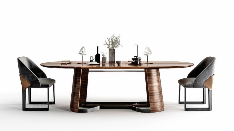 An elegantly set luxury dining table with modern chairs and dark wood tones, AI generated