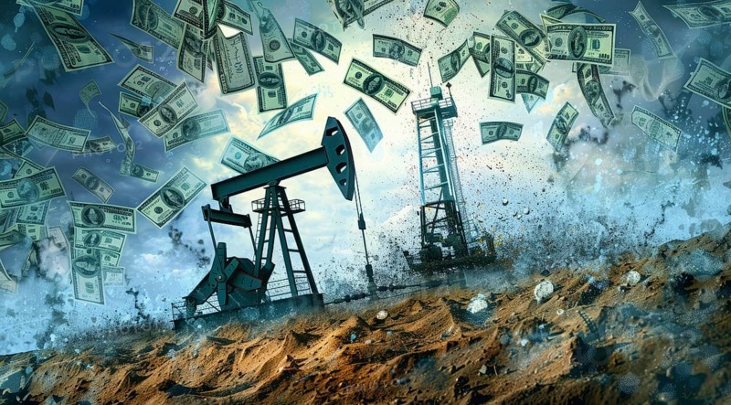 Oil rig pumping money from the earth. Concept of earth resource exploitation and corporate greed, AI generated