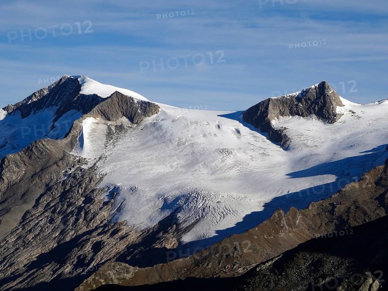View from the Kreuzspitze to the summit of the Grossvenediger and Rainerhorn with the Mullwitzkees glacier, Hohe Tauern National Park, East Tyrol, Austria, Europe