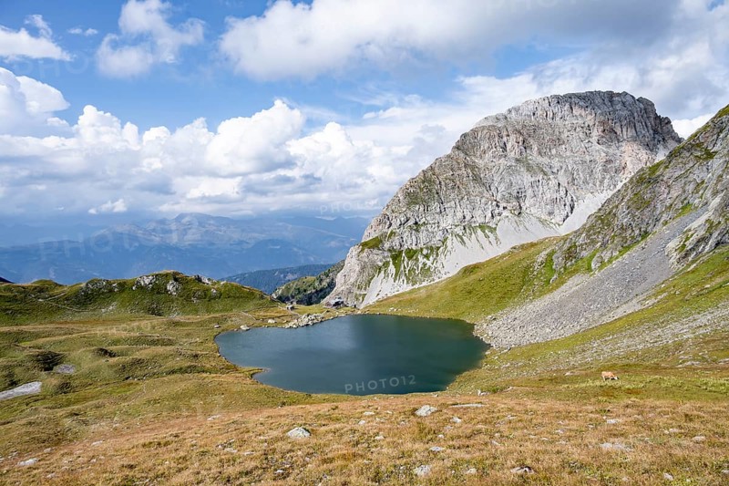Mountain hut Obstanserseehuette at the mountain lake Obstansersee, behind rocky mountain peak Rosskopf, Carnic main ridge, Carnic High Trail, Carnic Alps, Carinthia, Austria, Europe