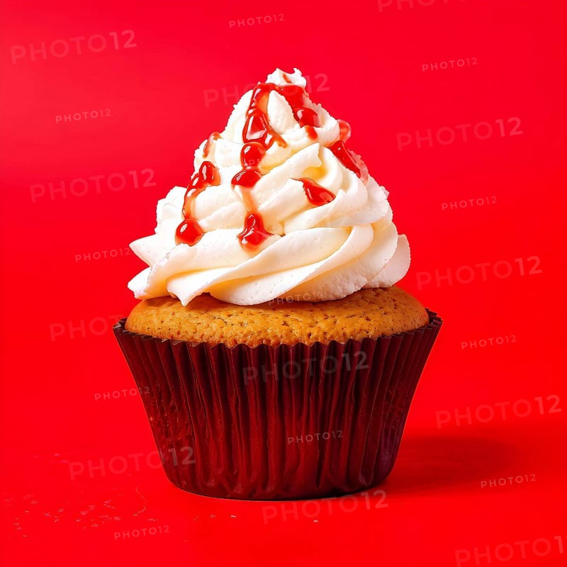 Cupcake with swirls of buttercream frosting in vanilla against red background, AI generated