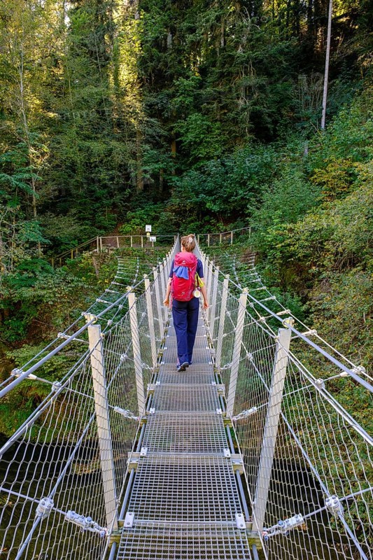 Hikers at the suspension bridge over the Danube, Inzigkofen Princely Park near Sigmaringen, Upper Danube Valley, Baden-Wuerttemberg, Germany, Europe