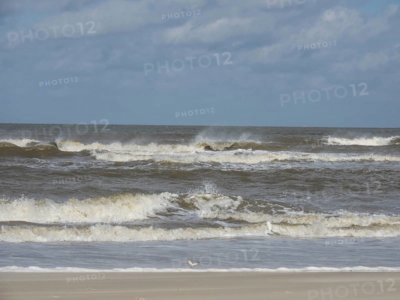 Interwoven waves with whitecaps on the seashore under a cloudy sky, waves on a beach, sunny day with clouds in the sky over the sea, Spiekeroog, GERMANY