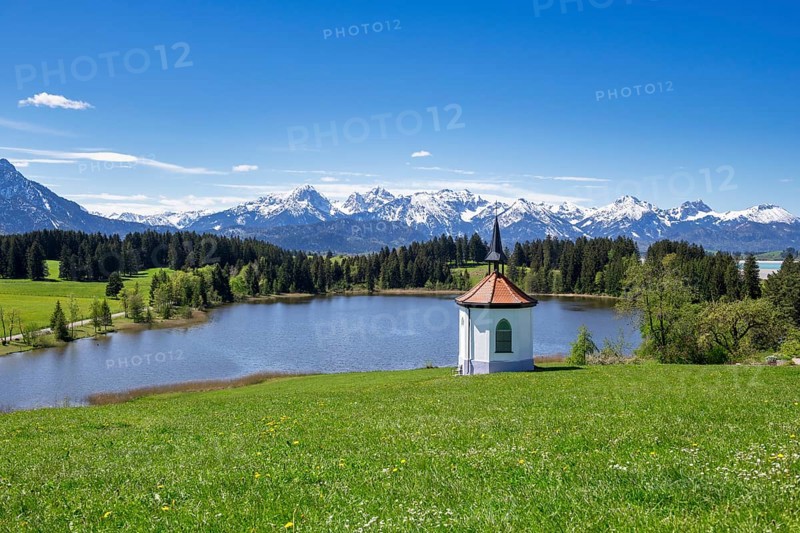 Chapel at Hegratsrieder See near Fuessen, Allgaeu Alps, snow, forest, Ostallgaeu, Allgaeu, Bavaria, Germany, Europe