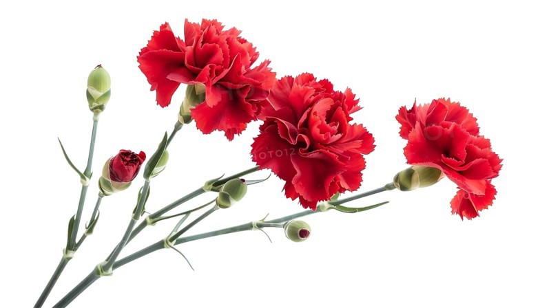 Red carnations with buds and stems on an isolated white background exuding elegance, AI generated