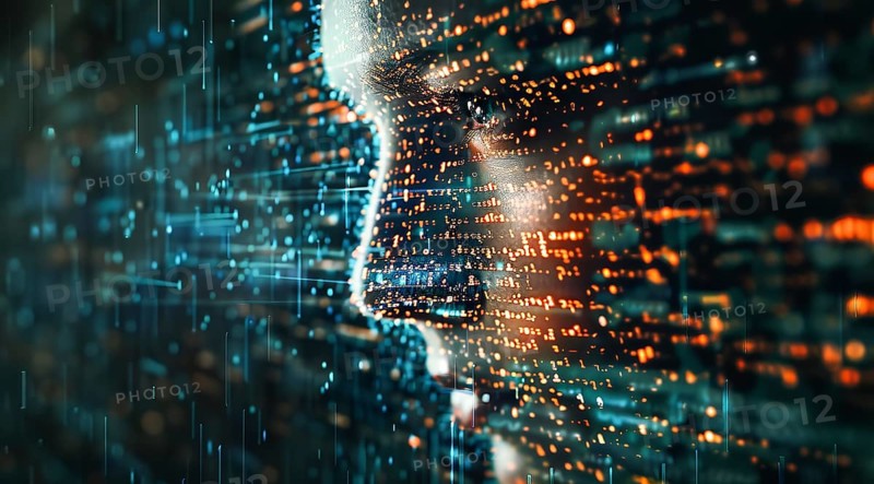 Human beings morphing into code. The concept of cyborg and AI becoming sentient, AI generated