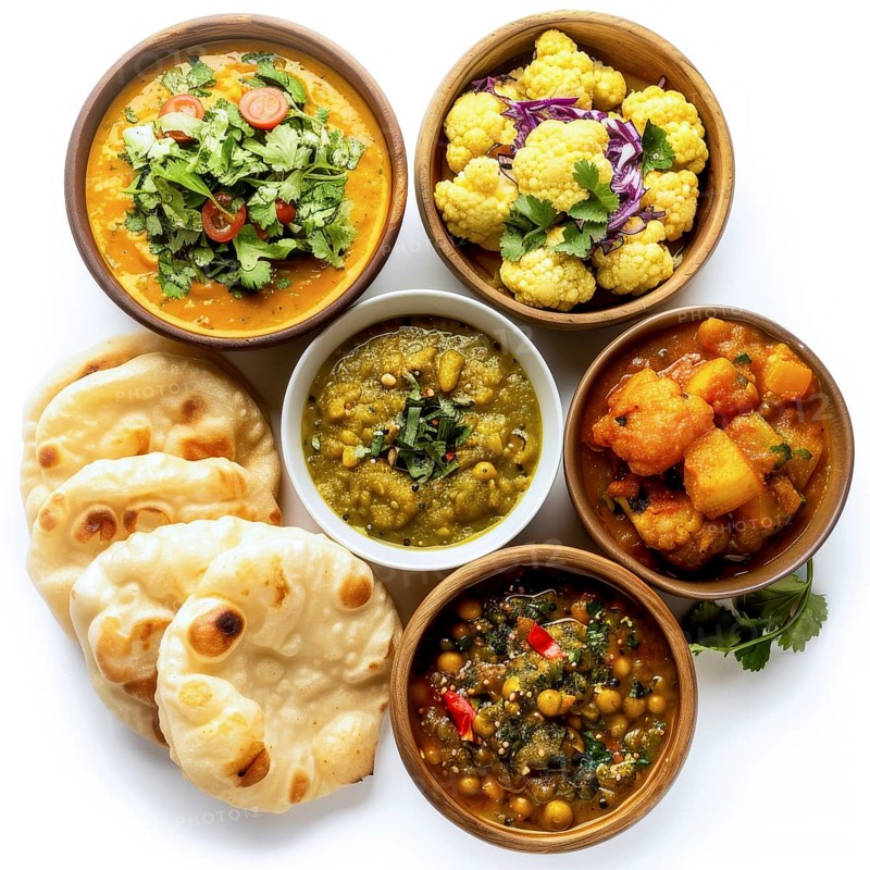 Diverse textures and colors in an array of Indian cuisine, including curry and naan bread in wooden bowls, AI generated