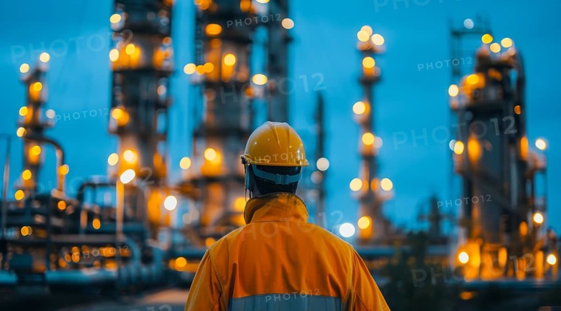 Worker overlooking a large industrial chemical oil refinery plant. Pollution and ecology concept, AI generated