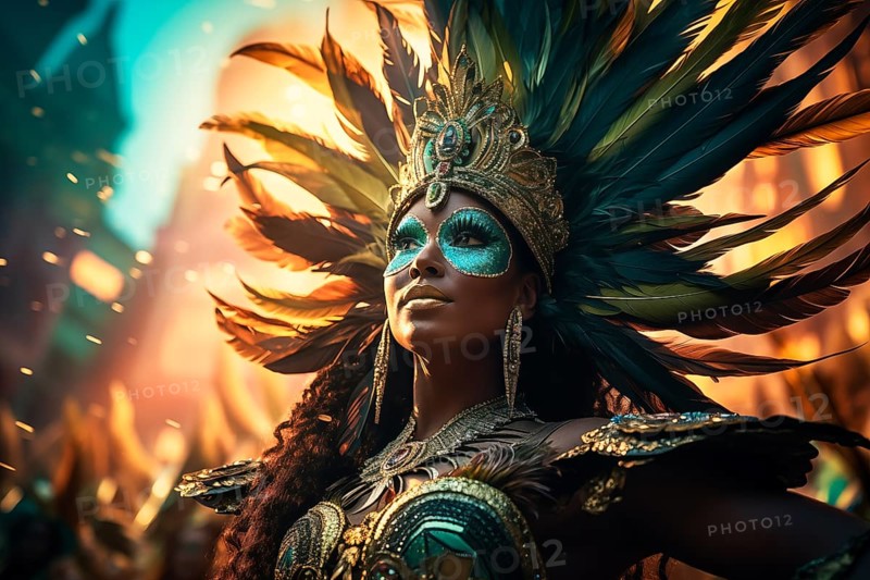 Captivating image capturing the essence of the Rio Carnival, showcasing a dancer adorned in an elaborate, vibrant costume, embodying the spirit and energy of this iconic festival, AI generated