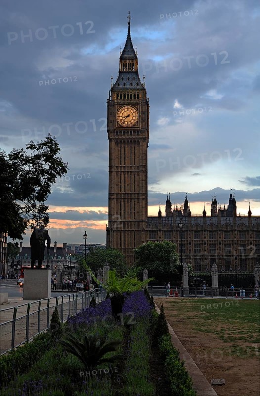 Big Ben at dusk, Bridge Street, SW1, on the left the statue of Winston Curchill, London, England, Great Britain