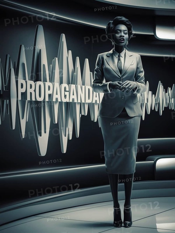 A monochrome image of a professional woman with a sound wave and the text 'Propaganda' behind her, ai generated, AI generated