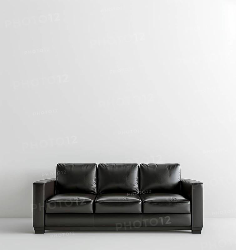 Black leather sofa in a white room. Black and white photography. AI generated