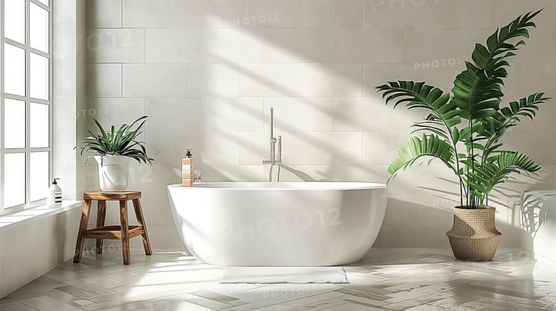 Modern bathroom interior design often includes elements such as interior plants, bathroom accessories, and a bathtub. AI generated