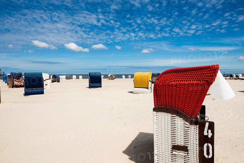 Beach chairs on the sandy beach, Harlesiel, Carolinensiel, East Frisia, Lower Saxony, Germany, Europe