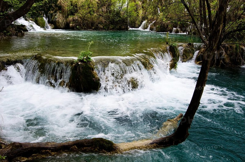 An idyllic waterfall in the middle of a dense forest with clear blue water and green surroundings. Plitvice Lakes National Park, Croatia, Europe