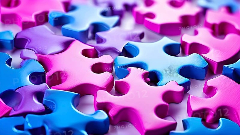 Illustration of scattered magenta and blue puzzle pieces sprawled across as a wallpaper background, AI generated