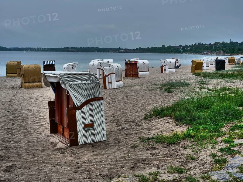 Beach chairs on a sandy beach with the sea in the background under a cloudy sky. Green plants are scattered on the sandy ground, beach chairs on a quiet sandy beach by the sea, clouds over the sea, Eckernfoerde, germany