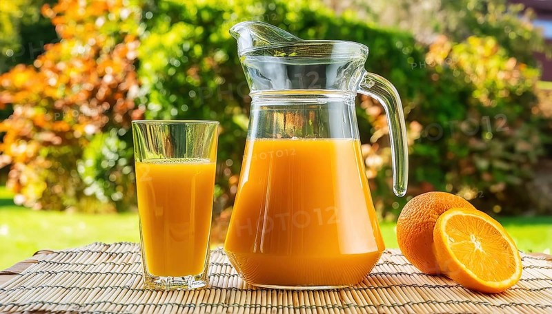 A glass of orange juice and a carafe on an outdoor mat with a green background, AI generated, AI generated