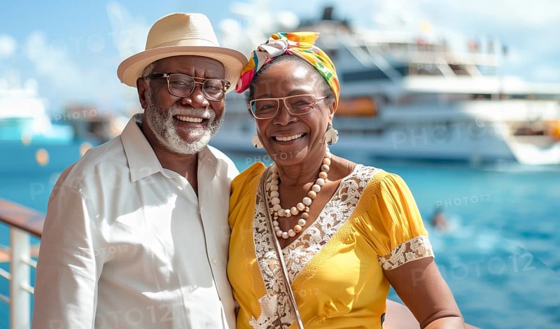 Happy african american senior couple portrait in front of their luxury cruise ship. generative AI, AI generated