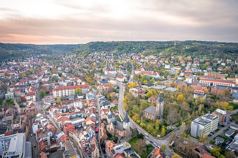 View over the western quarter of Jena with the Friedenskirche church, the Johannisfriedhof cemetery in the foreground and the Landgraf with its observation tower in the background, Jena, Thuringia, Germany, Europe