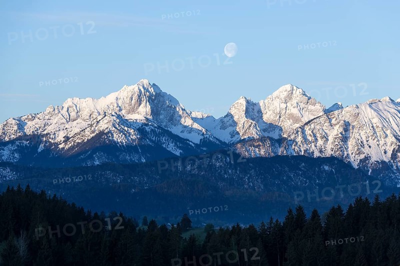 Allgaeu Alps, view from Hegratsrieder See, snow, dawn, moon, Allgaeu, Bavaria, Germany, Europe