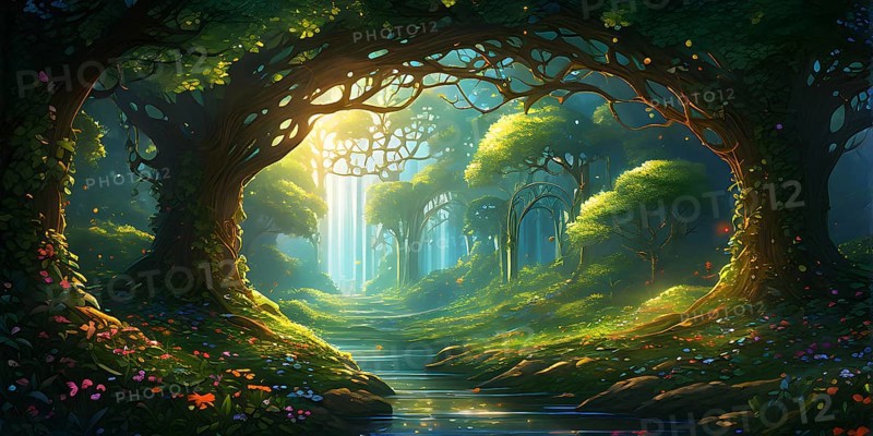 AI generated enchanted forest illustration intertwining trees aglow with magical light