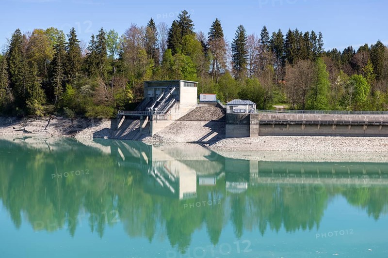Lech barrage at Forggensee, Lech, power station, head reservoir, flood protection, flood regulation, energy generation, energy storage, Rosshaupten, Ostallgaeu, Allgaeu, Bavaria, Germany, Europe