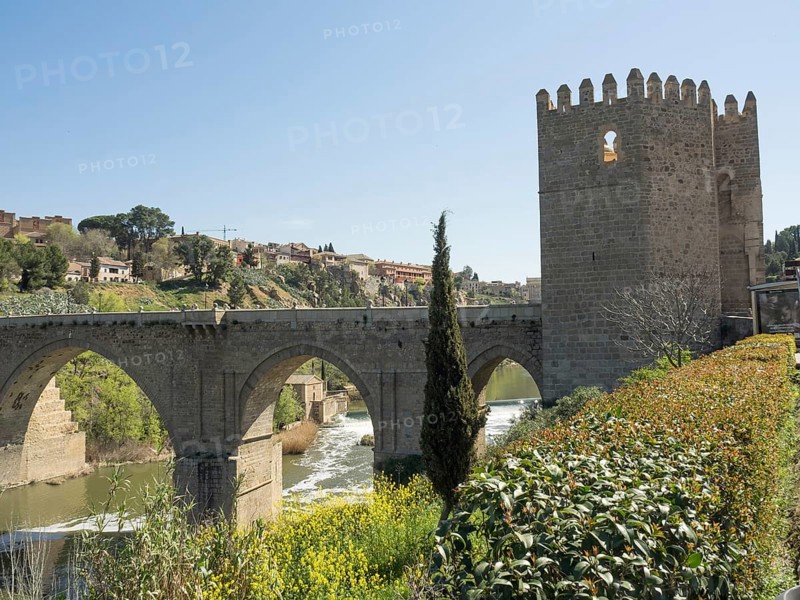 Stone bridge with arches and historic tower, surrounded by green landscape and river, sunny weather, historic stone bridge with an old tower and an old town in the background over a wild river, Toledo, Spain, Europe