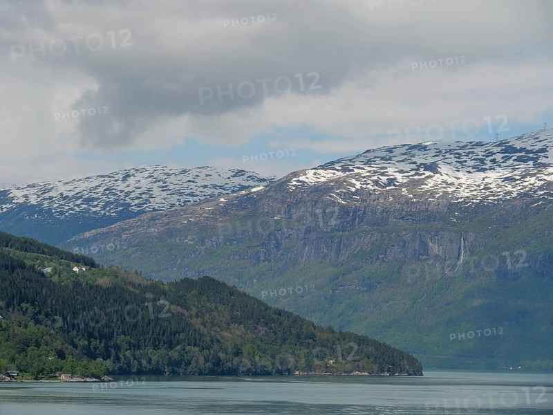 Impressive landscape with snow-capped mountains, a lake and forest under a slightly cloudy sky, greenish shimmering water in a fjord with snow-capped mountains and green trees, eidfjord, Norway, Europe