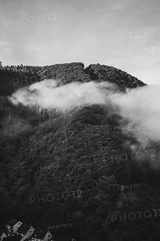 A mountain rises mysteriously out of the fog, surrounded by a dark forest. Brodenbach, Germany, Europe
